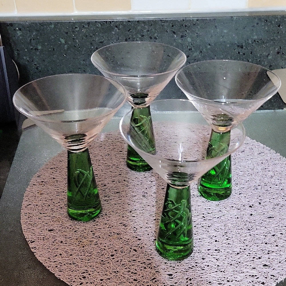 Elegant Four Green Stem Martini Glasses Set